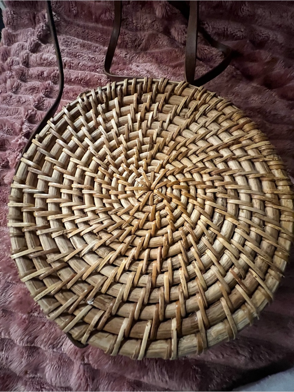 Handwoven Round Rattan Crossbody Bag — Natural Brown
